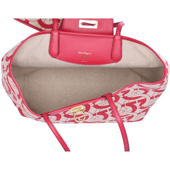 Salvatore Ferragamo Gancini Tote Bag Beige Red Canvas Leather - Picture 6 of 8
